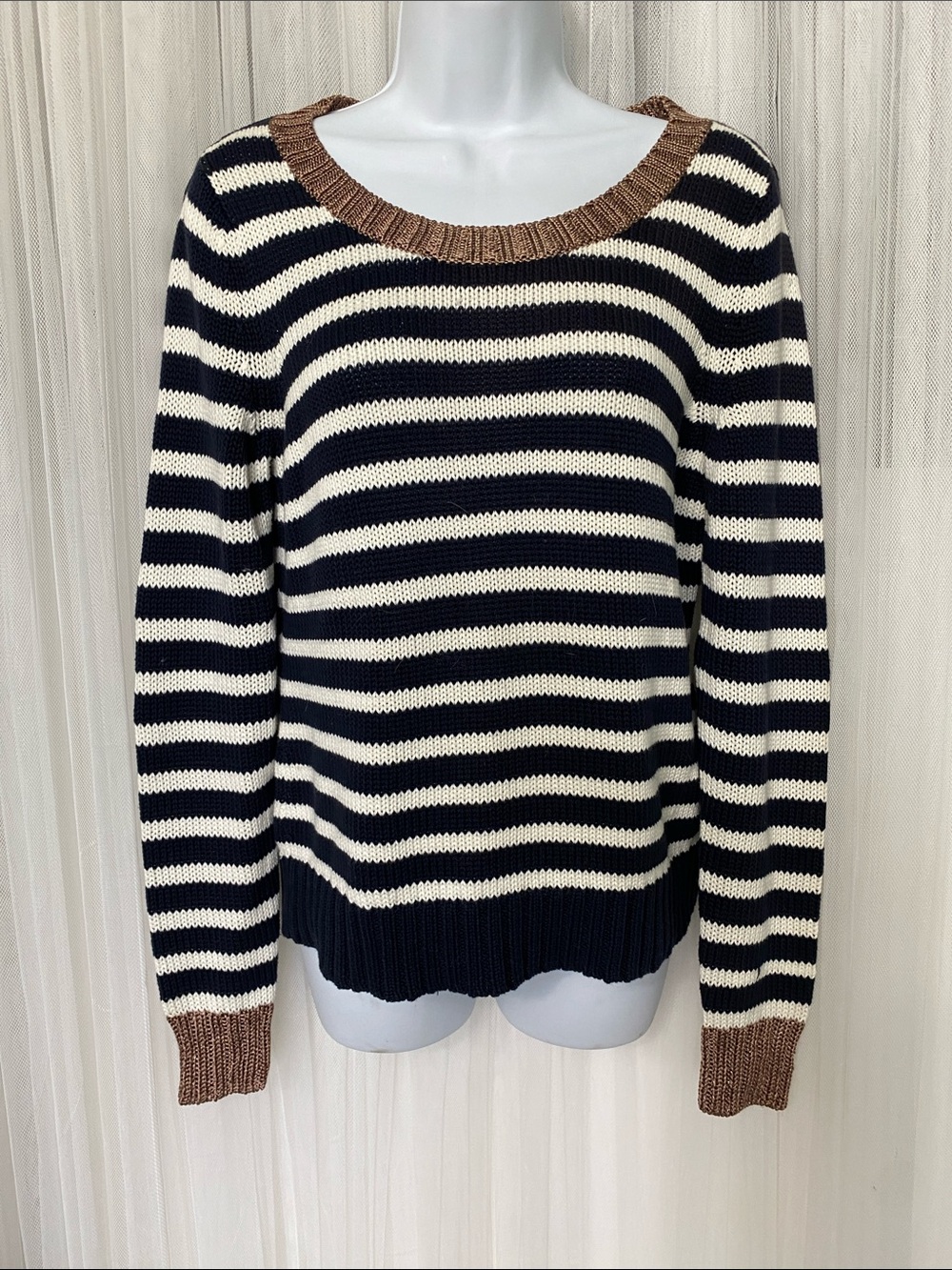 Banana Republic Navy and Cream Striped Scoop Neck Sweater with Bronze Trim Med
